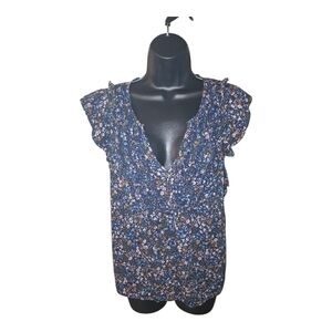 Floral Ruffle Sleeve Top - Blue